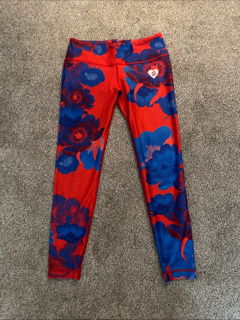 Women’s Red Floral Leggings with Bold Blue Bloom Print
